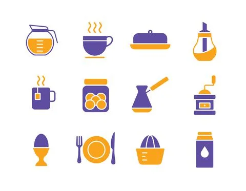 Breakfast and kitchen vector icon glyph set Stock Illustration