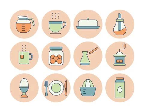 Breakfast and kitchen vector icon set Illustrazione stock