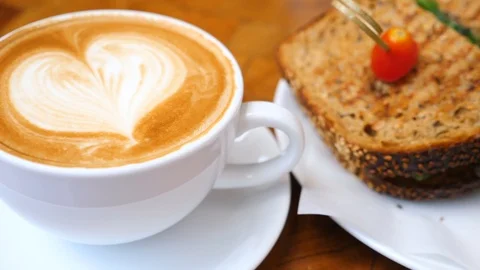 Breakfast and Lunch - Vegan Sandwich and Coffee On Wooden Table. Stock Footage 106506853