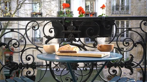 Breakfast on the balcony in Paris in Springtime Stock Footage 86406716