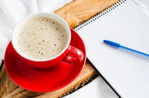 Breakfast in Bed and Empty Notebook for Note. Stock Photos