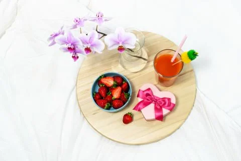 Breakfast in bed flat lay. Morning surprise birthday, gift, love, proposal. Tray Stock Photos