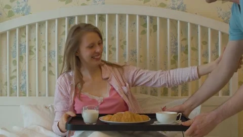 Breakfast in bed in the morning Stock Footage 130994699