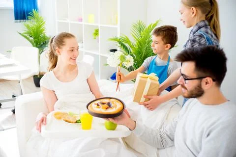 Breakfast in bed for mother Stock Photos