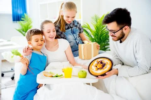 Breakfast in bed for mother Stock Photos