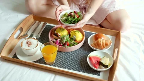 Breakfast in Bed, Tray with Cup of Coffee, Croissants, Eggs and Orange Juice Stock Footage 160922675