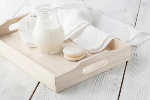 Breakfast in bed, tray with milk Foto stock