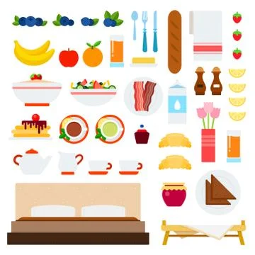 Breakfast in bed vector flat illustration with attributes and meals for Stock Illustration