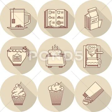 Breakfast beige round icons Stock Illustration