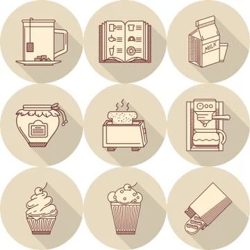 Breakfast beige round vector icons Stock Illustration