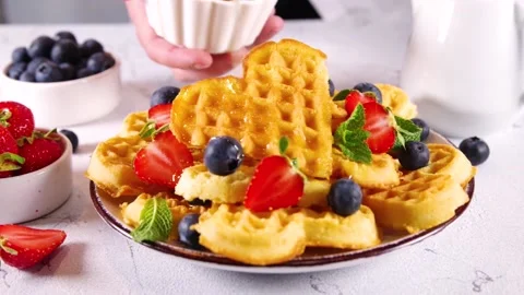 Breakfast belgian waffles with berry Stock Footage 197378580