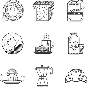 Breakfast black line icons vector collection Stock Illustration