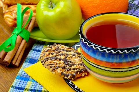 Breakfast with black tea. Stock Photos