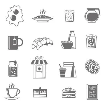 Breakfast Black White Icons Set Illustrazione stock