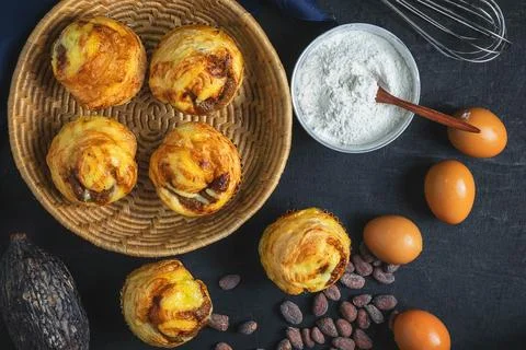 Breakfast, Bread and Ingredients on table Stock Photos
