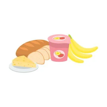 Breakfast with bread, cheese, yogurt and bananas vector illustration Illustrazione stock