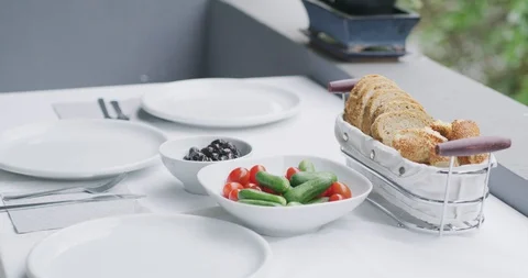 Breakfast bread olive vegetables wide Stock Footage 90970007