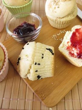 Breakfast with bread roll muffins Stock Photos