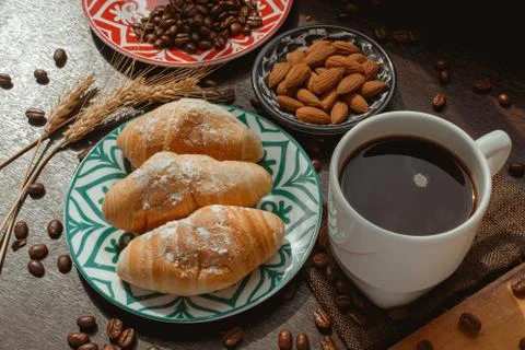 Breakfast with breads and coffee Stock Photos