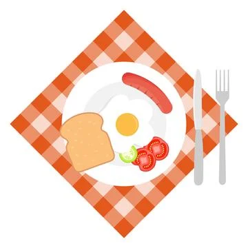 Breakfast, breakfast concept with fried egg, sausage, piece of bread, cup Illustrazione stock
