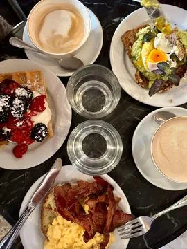 Breakfast Brunch Spread Top View Stock Photos