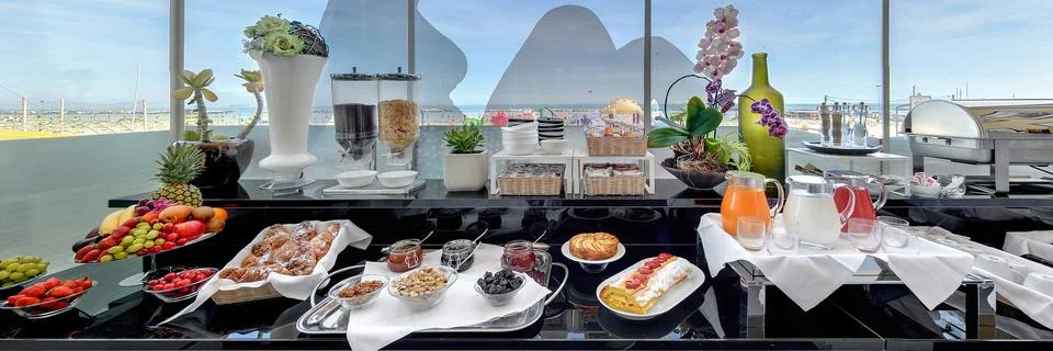 Breakfast buffet with assorted pastries. Stock Photos