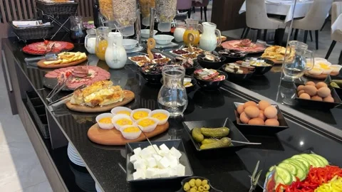 Breakfast buffet at the hotel Stock Footage 259315990