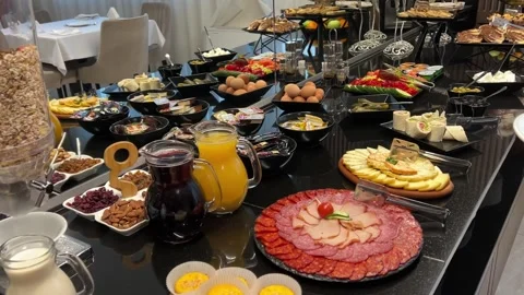 Breakfast buffet at the hotel Stock Footage 259316218