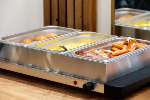 Breakfast Buffet Selection with Hot sausages Stock Photos