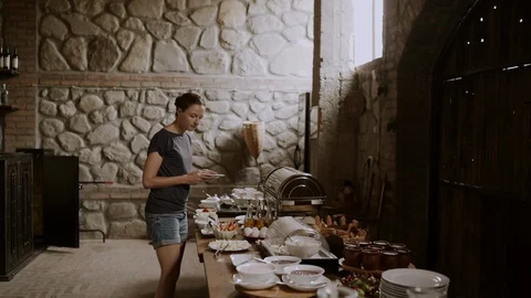 Breakfast buffet table in hotel restaurant with assorted food. Food for 스톡 동영상 111233199
