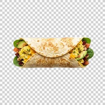 Breakfast burrito wrap with scrambled eggs bacon avocado and fresh baby spi.. Fotos Stock
