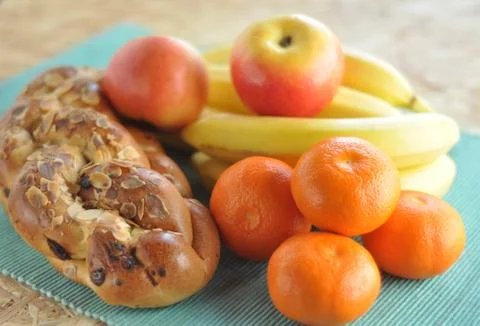 Breakfast cake and fruit Stock Photos
