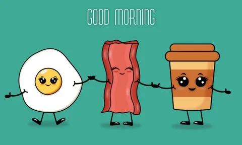Breakfast. Cartoon characters cup, egg, bacon.  Stock Illustration