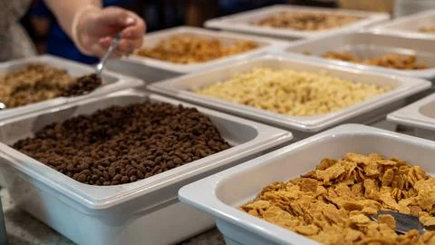 Breakfast Cereal Buffet with Corn Flakes and Chocolate Cereal 写真素材