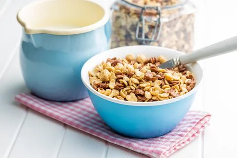 Breakfast cereal flakes in bowl. Stock Photos