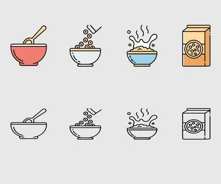 Breakfast Cereal Preparation Process Line and Color Icon Set and Outline Stock Illustration