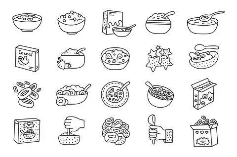 Breakfast cereal set in outline line art Stock Illustration