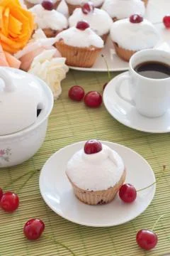 Breakfast: cherry muffins with coffee Stock Photos