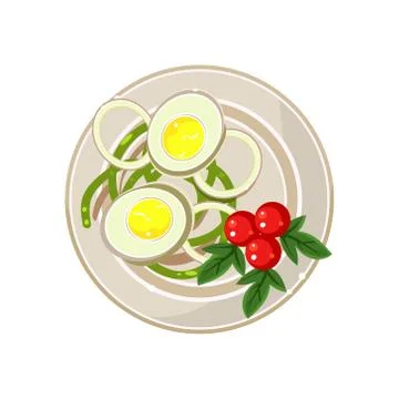Breakfast with Cherry Tomatoes and Boiled Eggs Served Food. Vector Illustration Stock Illustration
