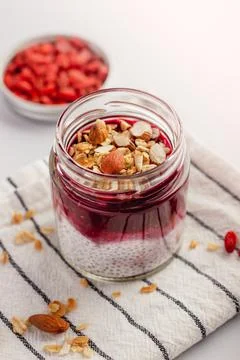 Breakfast Chia Pudding in a Jar with Jam Stock Photos