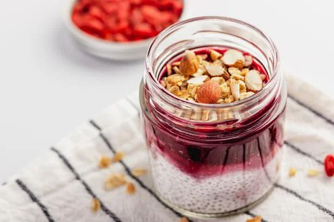 Breakfast chia pudding served in a jar Stock Photos