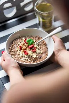 Breakfast with  chocolate oatmeal  Stock Photos