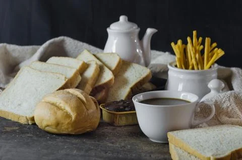 Breakfast coffee and bread Foto stock