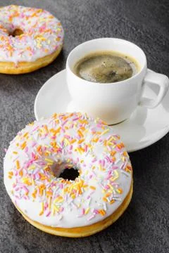 Breakfast with coffee and donuts Stock Photos