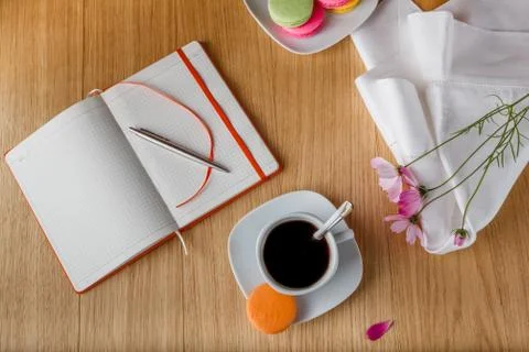Breakfast with coffee and open diary Stock Photos