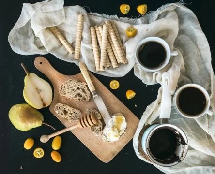Breakfast / coffee break set: a pot (cezve) of coffee, two cups Stock Photos