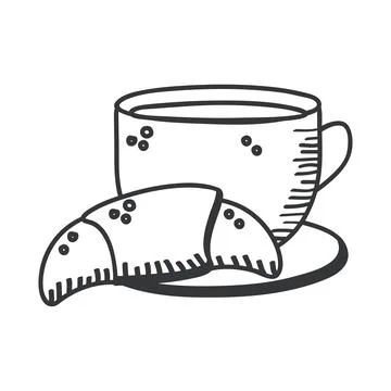 Breakfast coffee cup with croissant bread hand draw and line style icon vector Illustrazione stock