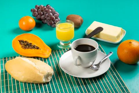 Breakfast with coffee, fruit and bread. Stock Photos