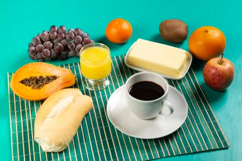 Breakfast with coffee, fruit and bread. Stock Photos