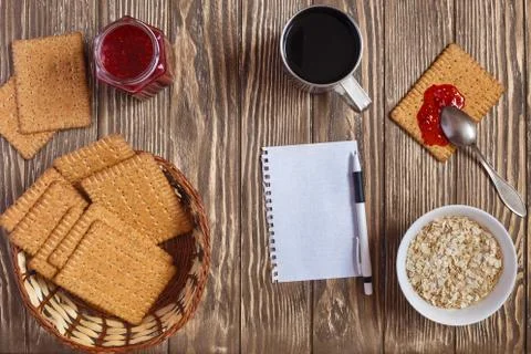 Breakfast with coffee, jam, biscuit Stock Photos